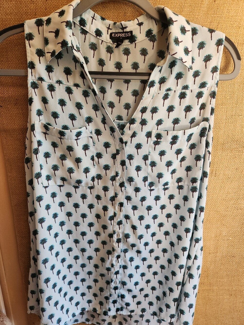 Express Palm Tree Print Sleeveless Tank Top — Light Blue with Teal & Black